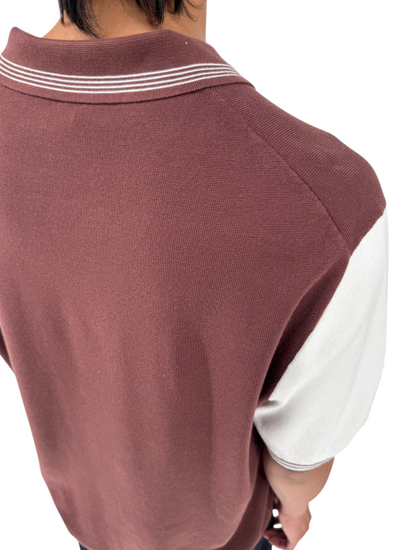 REISS Shark Knit Polo Shirt XXL Brown Ivory Modal Cotton Johnny Collar Men's