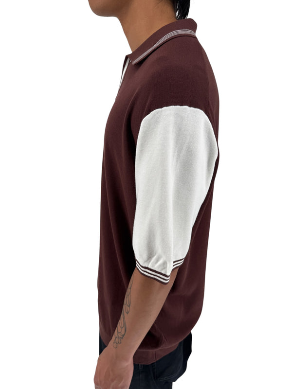 REISS Shark Knit Polo Shirt XXL Brown Ivory Modal Cotton Johnny Collar Men's
