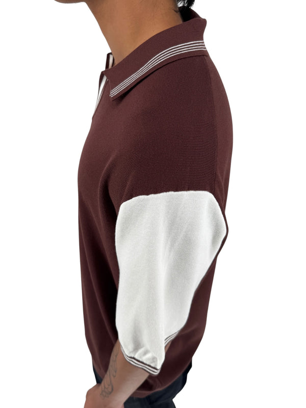 REISS Shark Knit Polo Shirt XXL Brown Ivory Modal Cotton Johnny Collar Men's