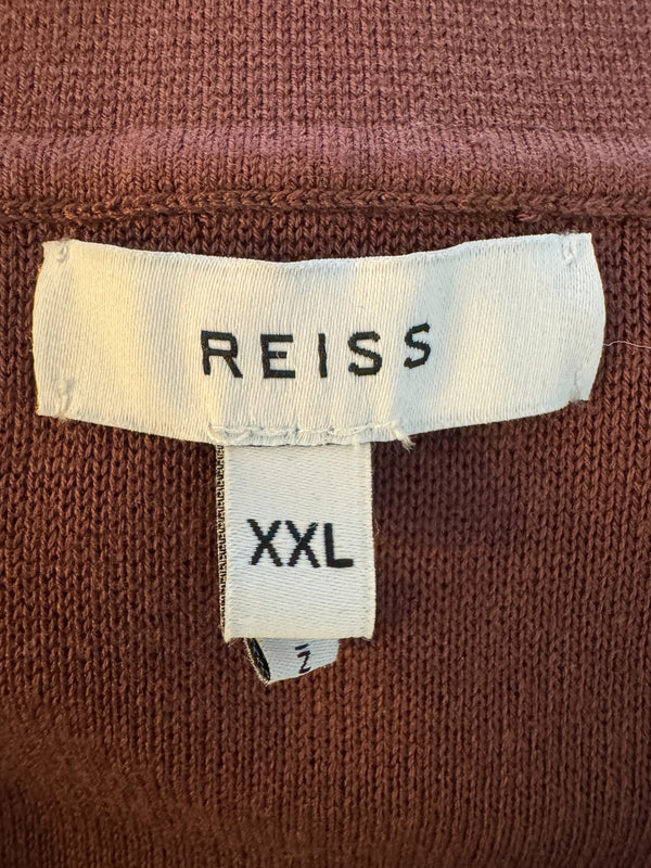REISS Shark Knit Polo Shirt XXL Brown Ivory Modal Cotton Johnny Collar Men's