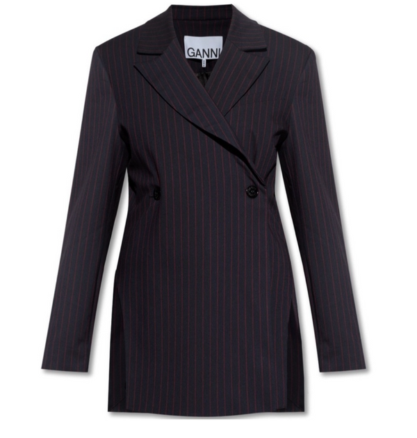 Ganni Navy Pinstripe Double-Breasted Blazer – Size M