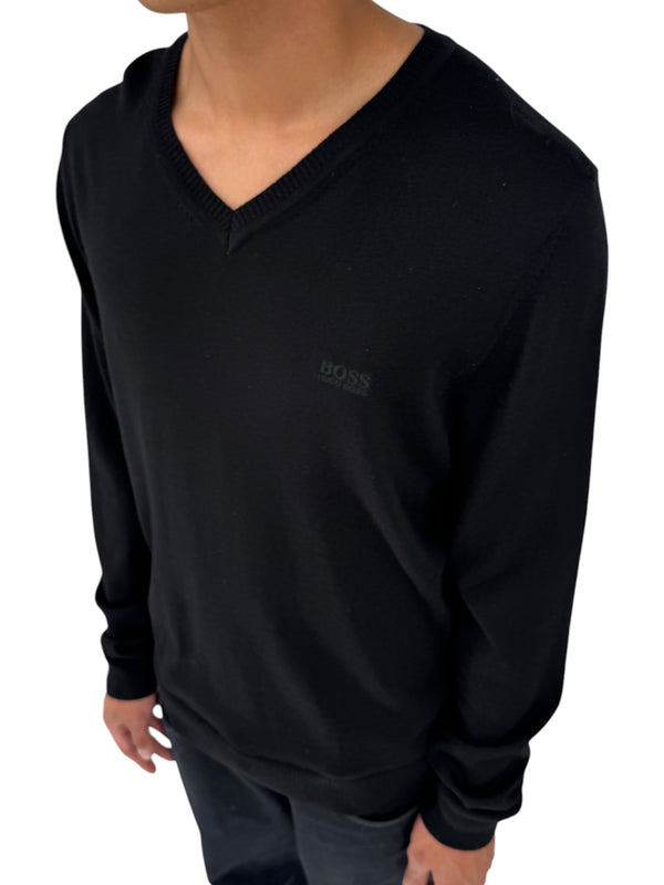 NWT BOSS Hugo Boss Extra Fine Merino Black Long Sleeve Henley Shirt L
