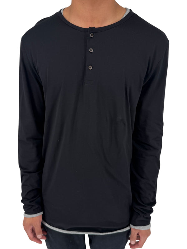 NWT BOSS Hugo Boss Extra Fine Merino Black Long Sleeve Henley Shirt L