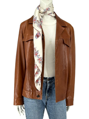 Prada Vintage Cognac Leather Silk-Lined Field Jacket Size 48 Made in Italy