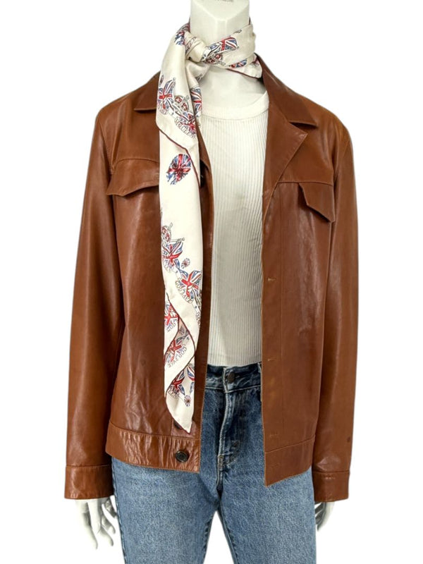 Prada Vintage Cognac Leather Silk-Lined Field Jacket Size 48 Made in Italy