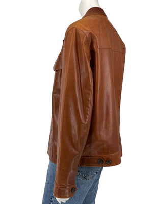 Prada Vintage Cognac Leather Silk-Lined Field Jacket Size 48 Made in Italy