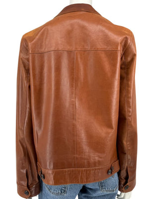Prada Vintage Cognac Leather Silk-Lined Field Jacket Size 48 Made in Italy