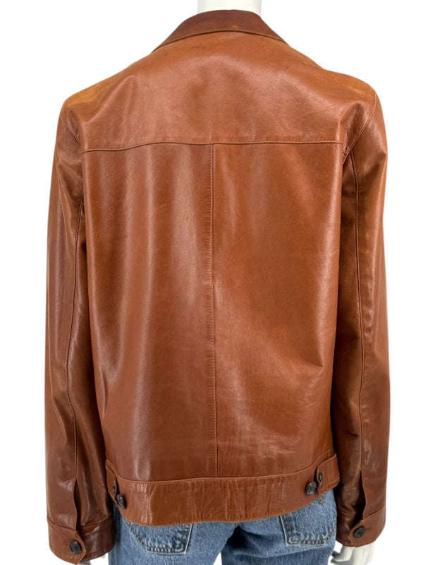 Prada Vintage Cognac Leather Silk-Lined Field Jacket Size 48 Made in Italy