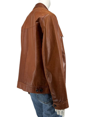 Prada Vintage Cognac Leather Silk-Lined Field Jacket Size 48 Made in Italy
