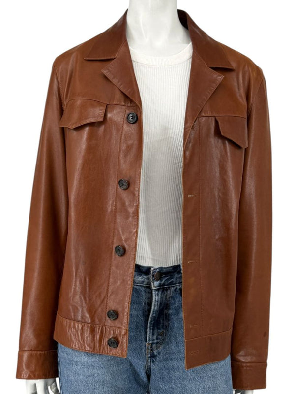 Prada Vintage Cognac Leather Silk-Lined Field Jacket Size 48 Made in Italy