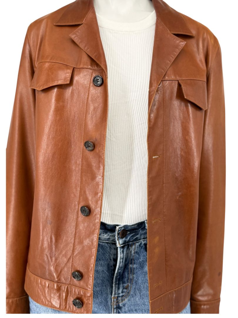 Prada Vintage Cognac Leather Silk-Lined Field Jacket Size 48 Made in Italy