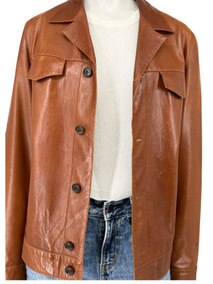 Prada Vintage Cognac Leather Silk-Lined Field Jacket Size 48 Made in Italy