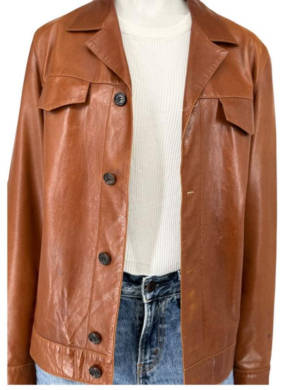 Prada Vintage Cognac Leather Silk-Lined Field Jacket Size 48 Made in Italy