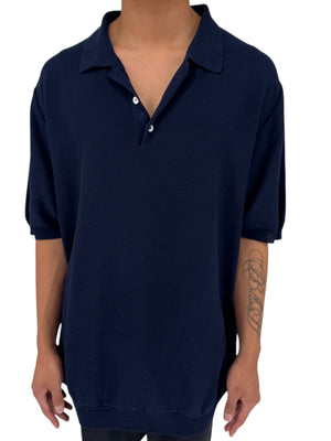Isaia Napoli Navy Wool Textured Knit Polo Sweater Italy XXXL Luxury Mens