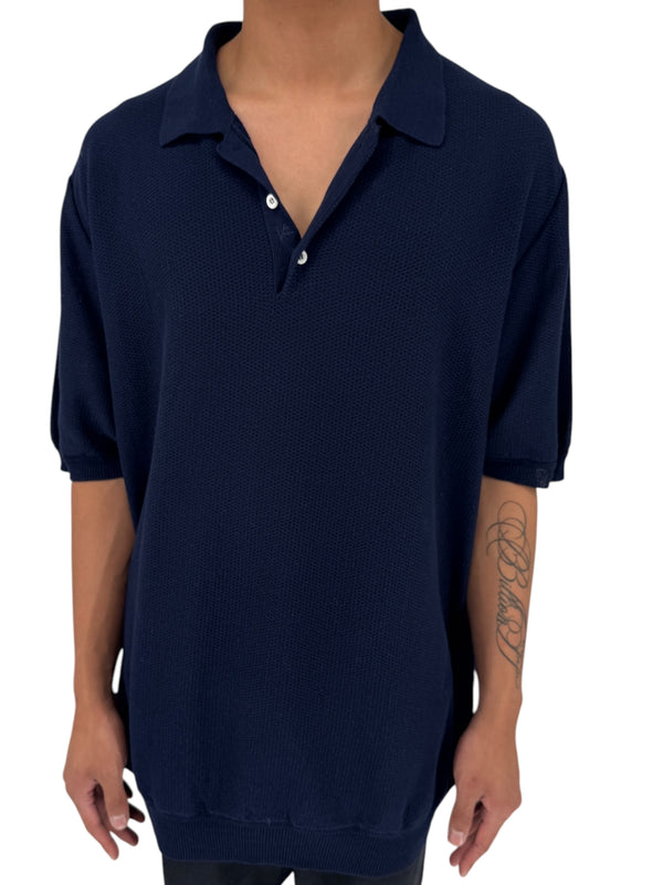 Isaia Napoli Navy Wool Textured Knit Polo Sweater Italy XXXL Luxury Mens