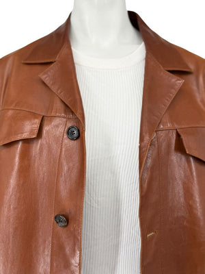 Prada Vintage Cognac Leather Silk-Lined Field Jacket Size 48 Made in Italy