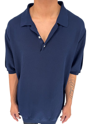 Isaia Napoli Navy Wool Textured Knit Polo Sweater Italy XXXL Luxury Mens