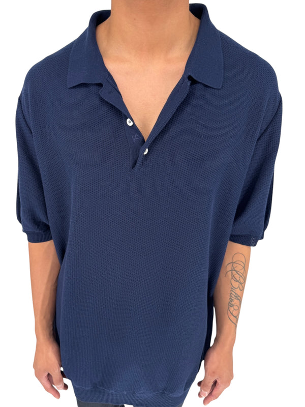 Isaia Napoli Navy Wool Textured Knit Polo Sweater Italy XXXL Luxury Mens