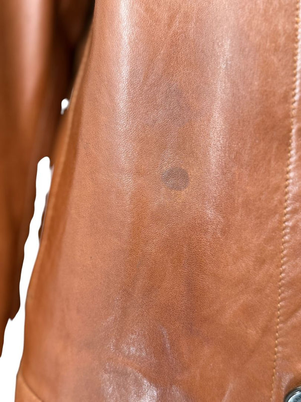 Prada Vintage Cognac Leather Silk-Lined Field Jacket Size 48 Made in Italy