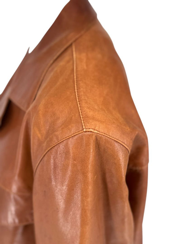 Prada Vintage Cognac Leather Silk-Lined Field Jacket Size 48 Made in Italy