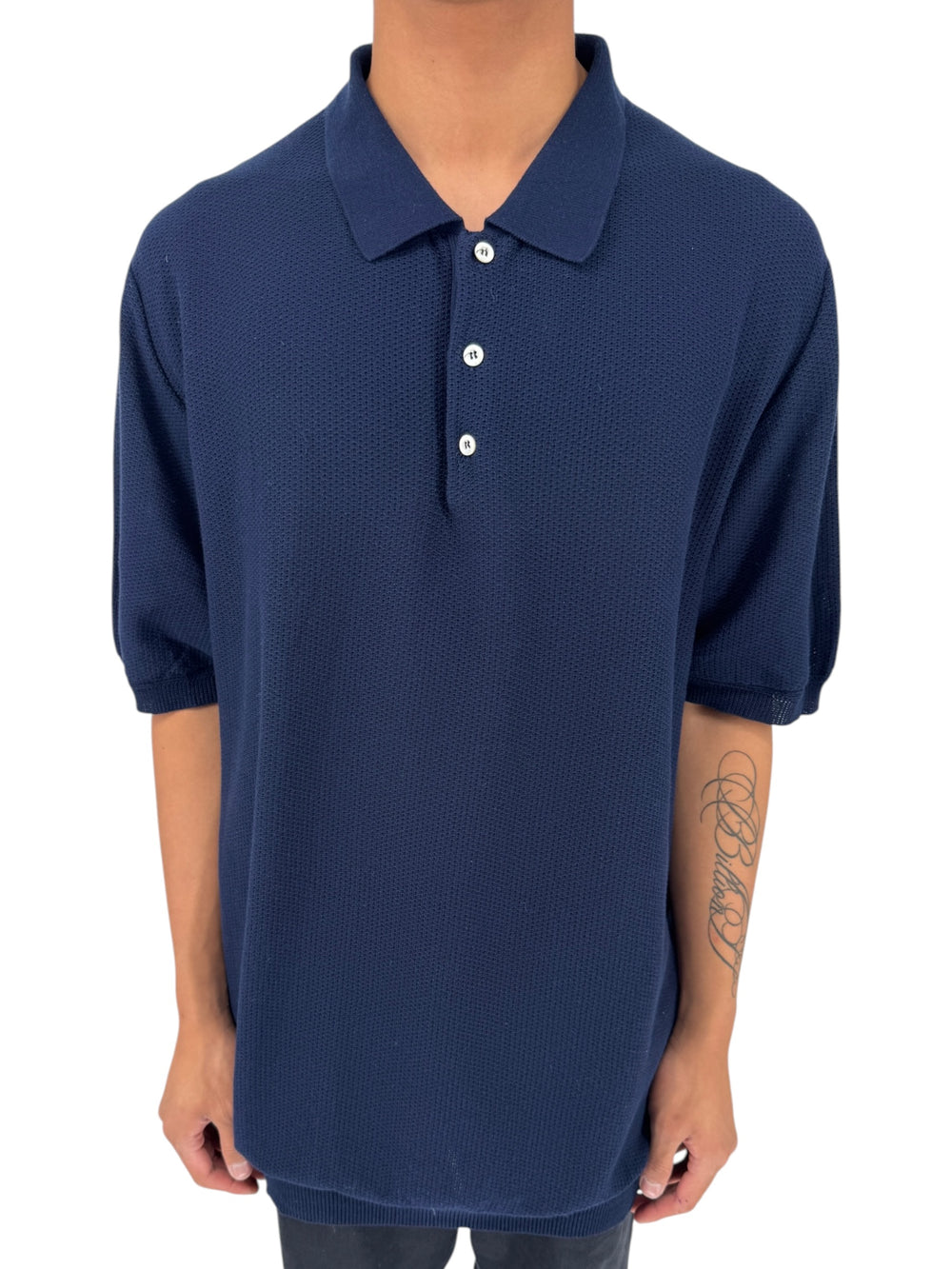 Isaia Napoli Navy Wool Textured Knit Polo Sweater Italy XXXL Luxury Mens