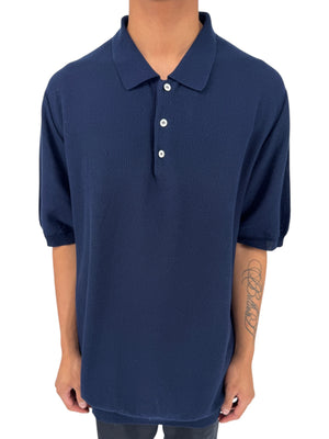 Isaia Napoli Navy Wool Textured Knit Polo Sweater Italy XXXL Luxury Mens