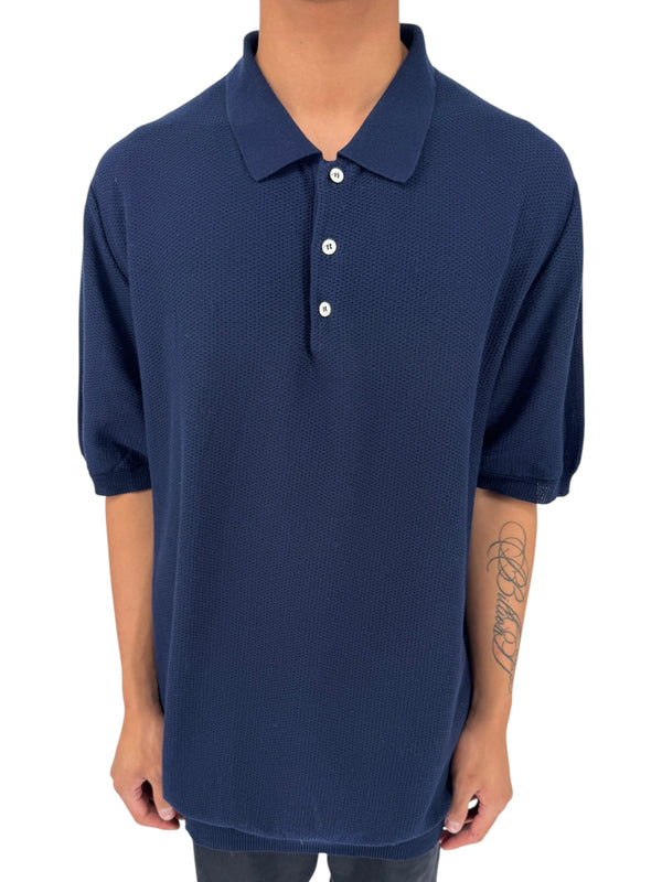 Isaia Napoli Navy Wool Textured Knit Polo Sweater Italy XXXL Luxury Mens