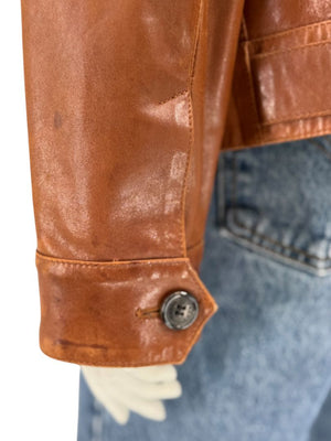 Prada Vintage Cognac Leather Silk-Lined Field Jacket Size 48 Made in Italy