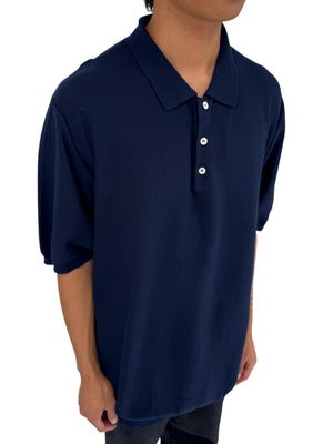 Isaia Napoli Navy Wool Textured Knit Polo Sweater Italy XXXL Luxury Mens