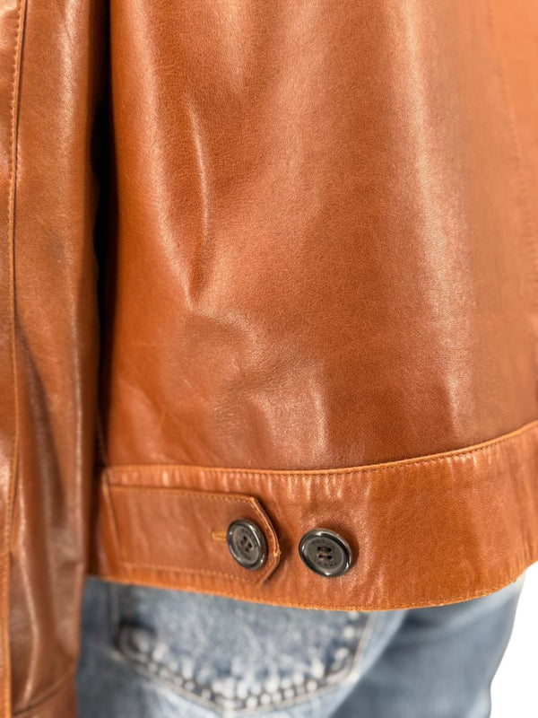 Prada Vintage Cognac Leather Silk-Lined Field Jacket Size 48 Made in Italy
