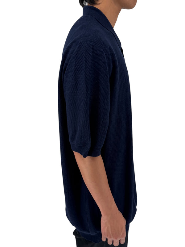 Isaia Napoli Navy Wool Textured Knit Polo Sweater Italy XXXL Luxury Mens