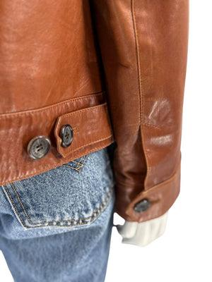 Prada Vintage Cognac Leather Silk-Lined Field Jacket Size 48 Made in Italy
