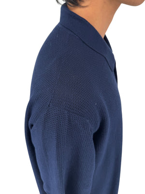 Isaia Napoli Navy Wool Textured Knit Polo Sweater Italy XXXL Luxury Mens