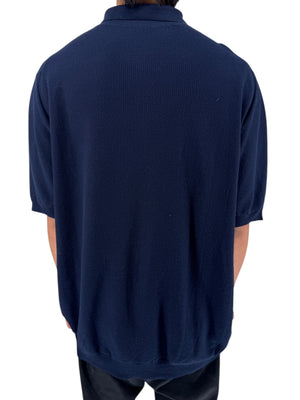 Isaia Napoli Navy Wool Textured Knit Polo Sweater Italy XXXL Luxury Mens