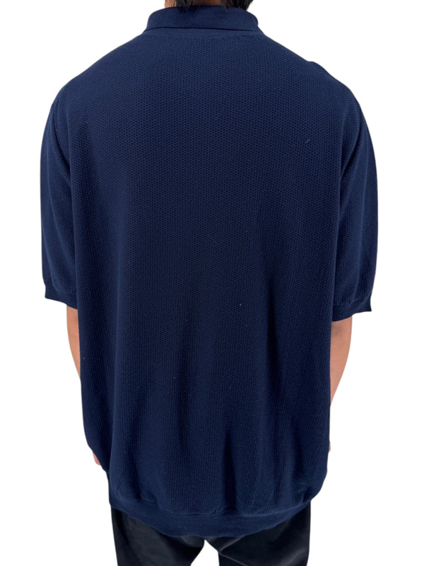 Isaia Napoli Navy Wool Textured Knit Polo Sweater Italy XXXL Luxury Mens