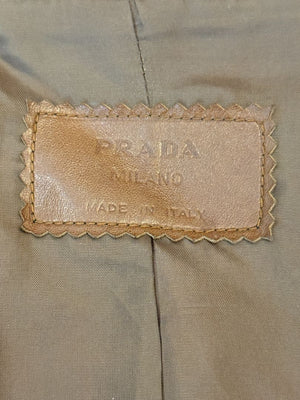Prada Vintage Cognac Leather Silk-Lined Field Jacket Size 48 Made in Italy
