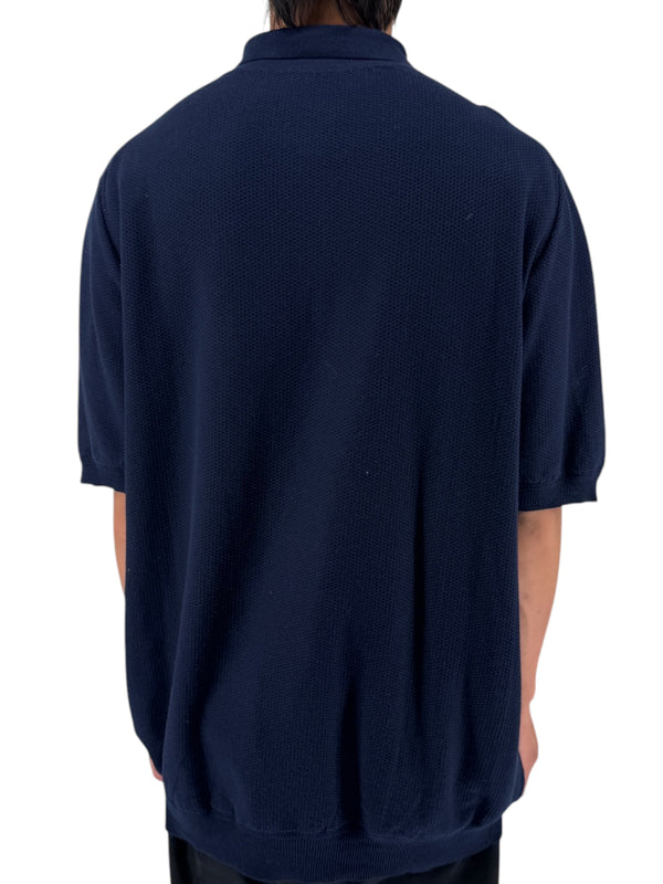 Isaia Napoli Navy Wool Textured Knit Polo Sweater Italy XXXL Luxury Mens