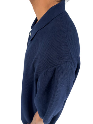Isaia Napoli Navy Wool Textured Knit Polo Sweater Italy XXXL Luxury Mens