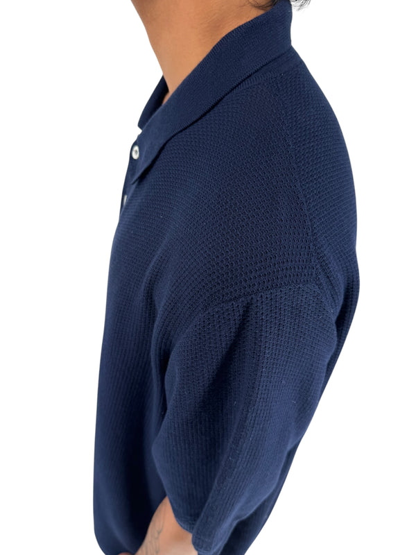 Isaia Napoli Navy Wool Textured Knit Polo Sweater Italy XXXL Luxury Mens