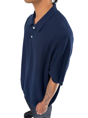 Isaia Napoli Navy Wool Textured Knit Polo Sweater Italy XXXL Luxury Mens
