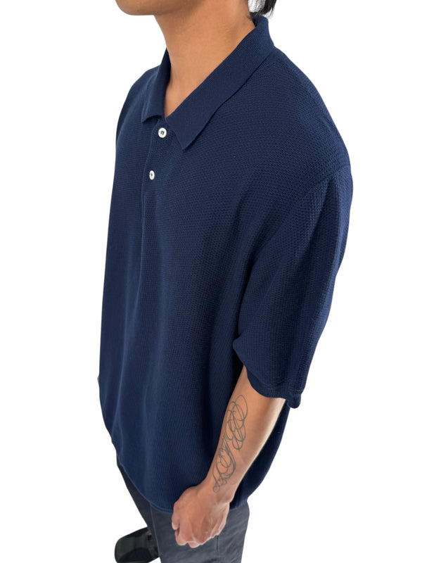 Isaia Napoli Navy Wool Textured Knit Polo Sweater Italy XXXL Luxury Mens
