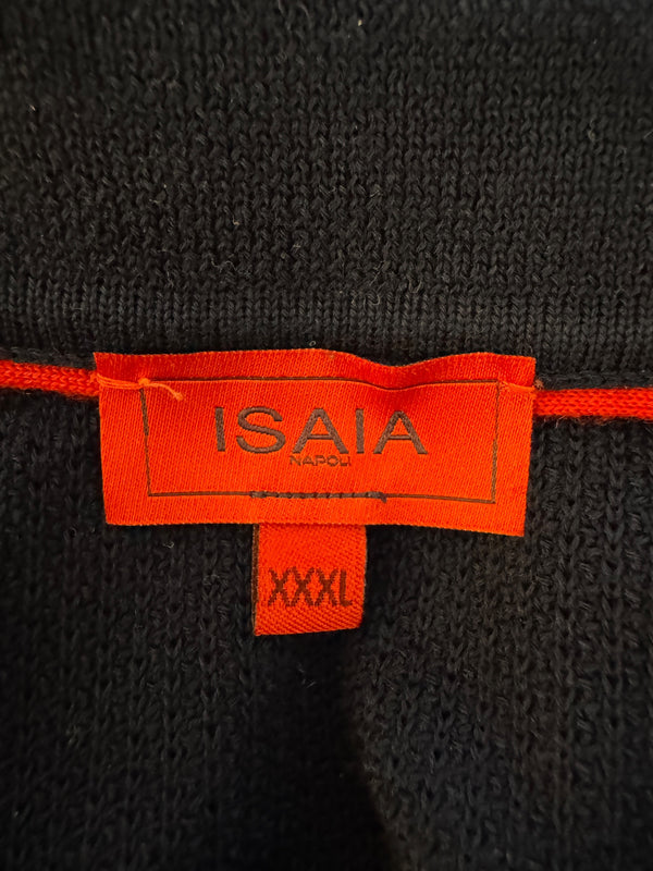 Isaia Napoli Navy Wool Textured Knit Polo Sweater Italy XXXL Luxury Mens