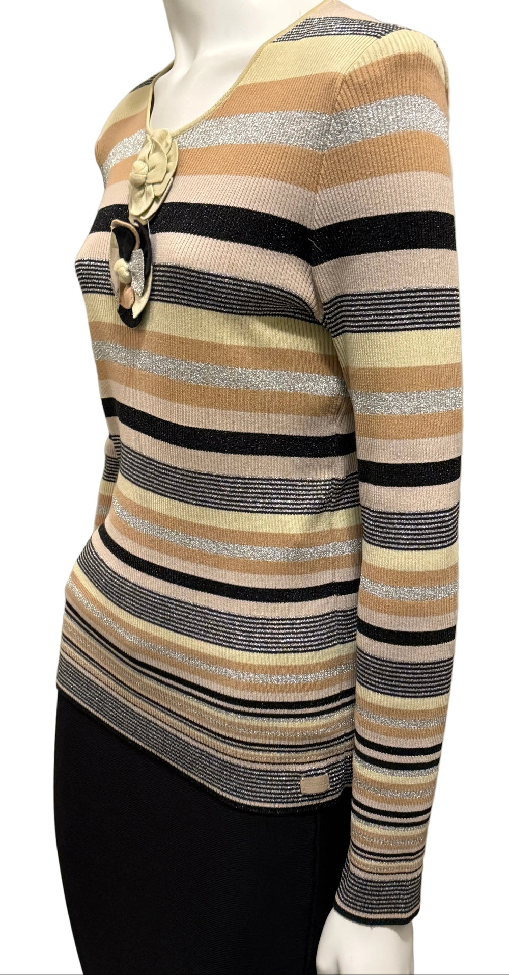 Chanel Striped Knit Top with Camellia Detail – Large