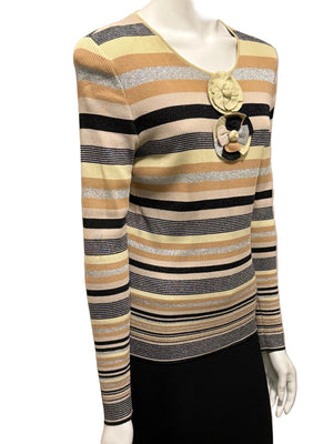 Chanel Striped Knit Top with Camellia Detail – Large
