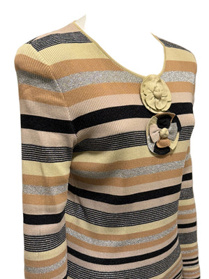 Chanel Striped Knit Top with Camellia Detail – Large