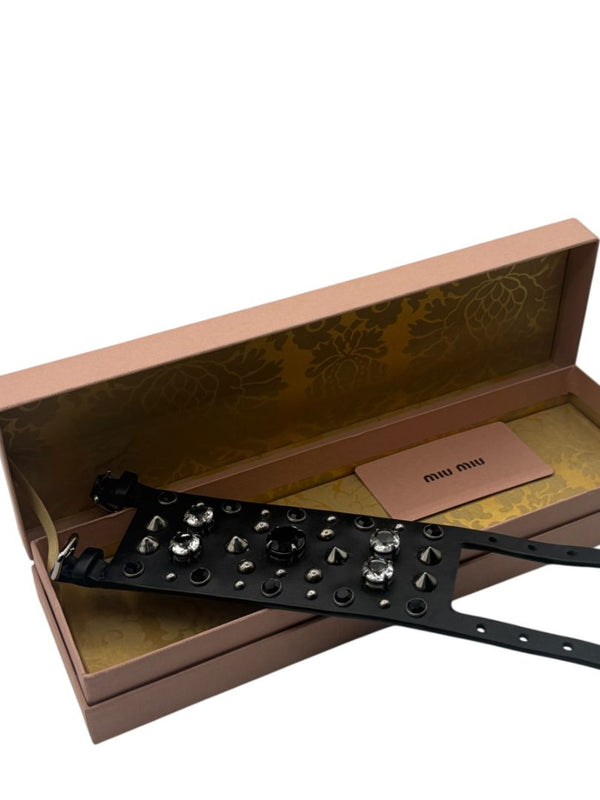 Miu Miu Black Leather Crystal & Stud Cuff Bracelet w/box