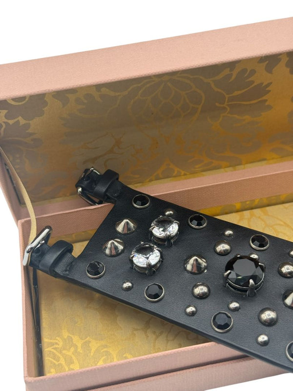 Miu Miu Black Leather Crystal & Stud Cuff Bracelet w/box