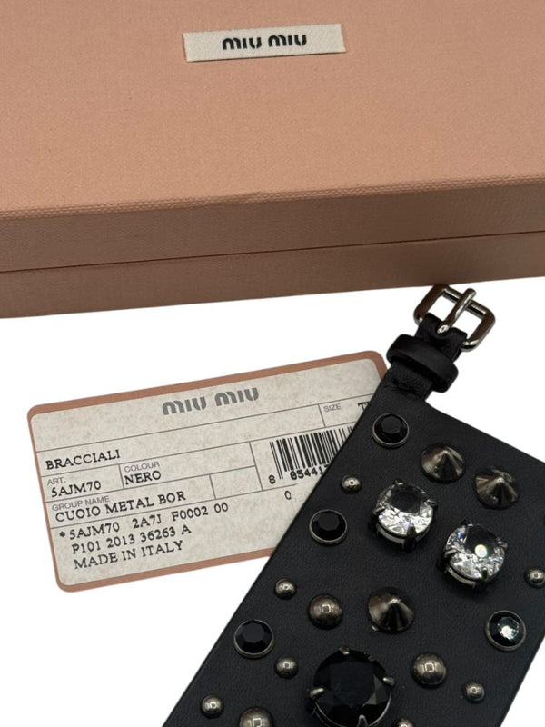 Miu Miu Black Leather Crystal & Stud Cuff Bracelet w/box