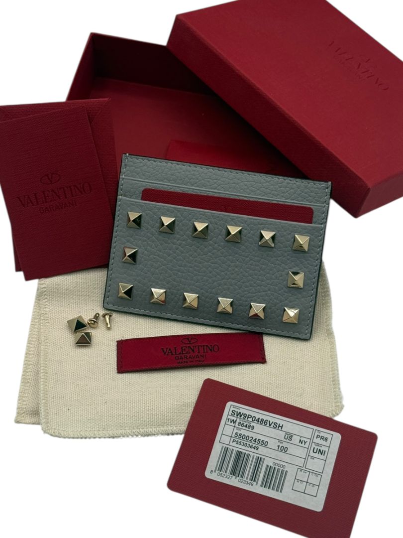 Valentino Garavani Rockstud Grey Leather Card Holder - NEW