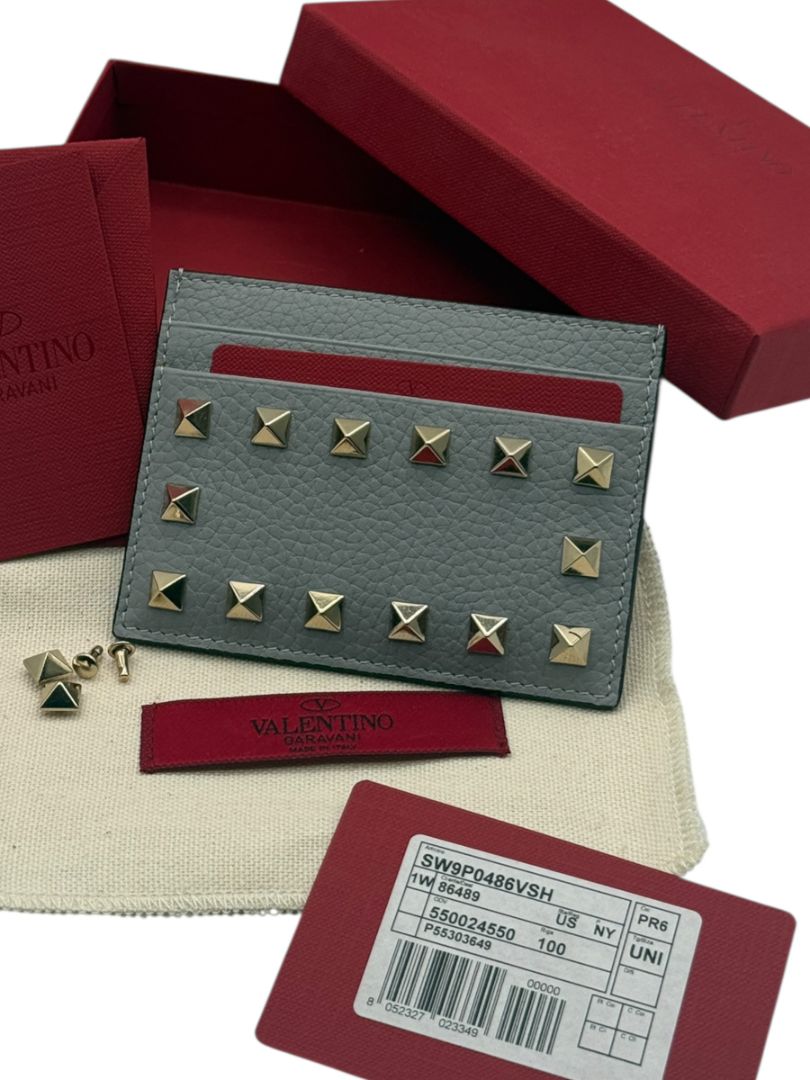 Valentino Garavani Rockstud Grey Leather Card Holder - NEW
